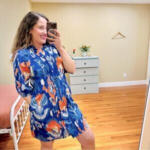 Tuckernuck Banjanan Blue Red Cotton Ikat Long Sleeve Mini Dress XS